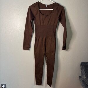 Chocolate Brown Ribbed Bodycon Long-sleeve Jumpsuit with thumbholes